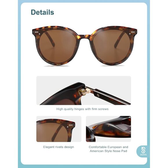 🆕SOJOS Womens Dark Brown Classic Round Retro Vintage Large Frame Sunglasses - Picture 6 of 7